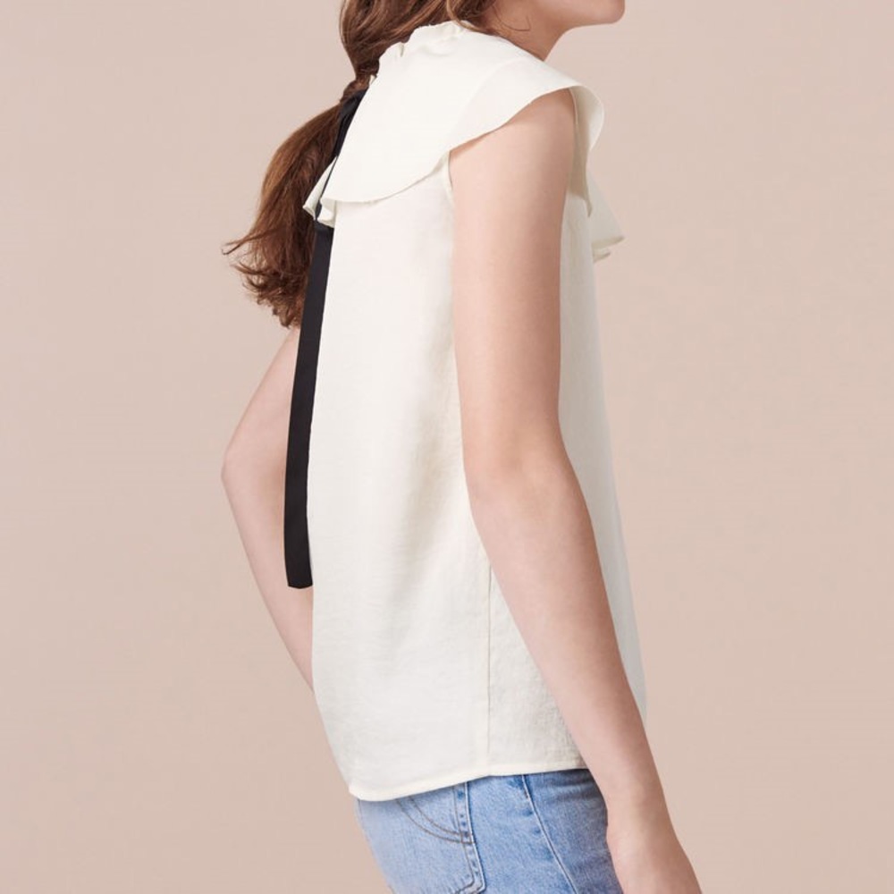 Maje Lierro Crepe Ecru Ruffle Tie Top Small